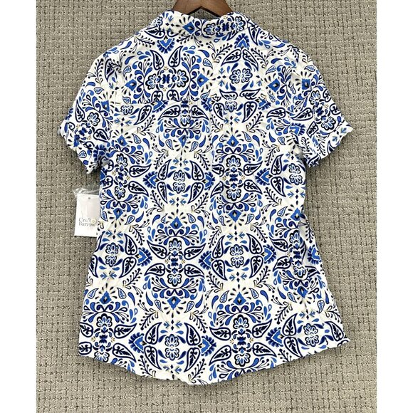 Croft & Barrow Shirt Womens Size XS White Blue Button Up Short Sleeve Paisley - Picture 2 of 10